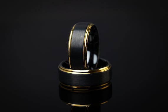 Brushed Black Tungsten Ring: 24k Gold-Plated Band, 8mm Mens Wedding Ring