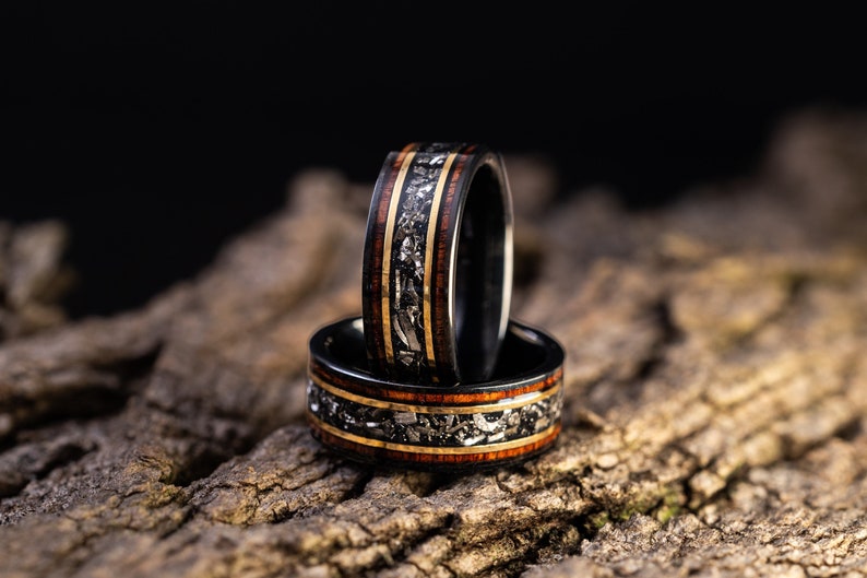 Burnt Whiskey Barrel Ring with Meteorite, Meteorite Wood Ring, Whisky Barrel Band, Wood Ring with Meteorite, Men's Wedding Band, 8mm Ring image 1