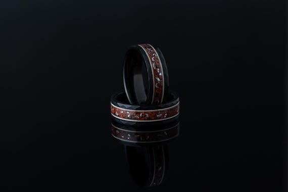 Dinosaur Bone & Meteorite Ring with Guitar String Inlay - 8mm
