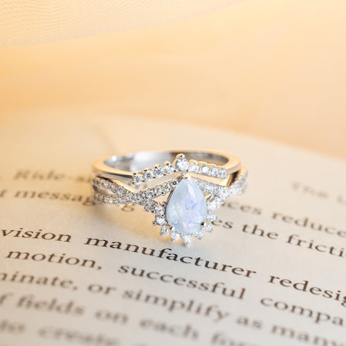 Ensemble de bagues avec pierre de lune taille poire : bague de promesse vintage en argent sterling