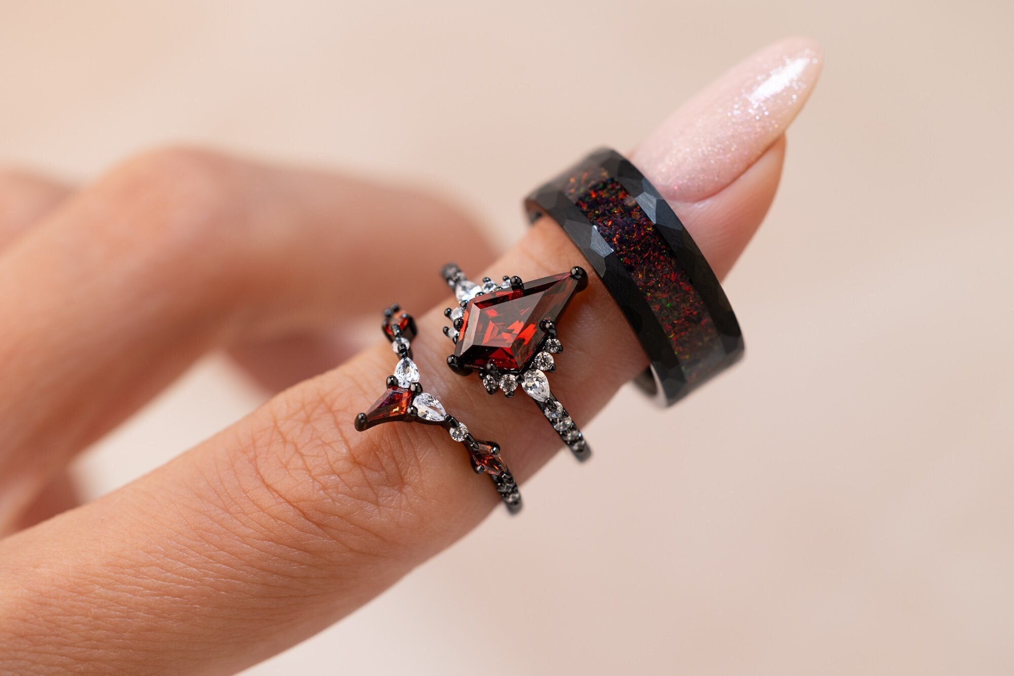 Wedding Ring Sets His and Hers Black and Red - Etsy