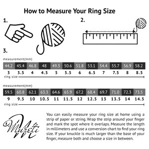 May include: Diagram showing how to measure ring size. Includes numbered steps with illustrations of a finger pointing, a ball of string, and a ruler. A ring size conversion chart is also shown.