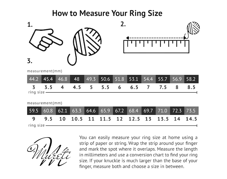 May include: Diagram showing how to measure ring size. Includes numbered steps with illustrations of a finger pointing, a ball of string, and a ruler. A ring size conversion chart is also shown.