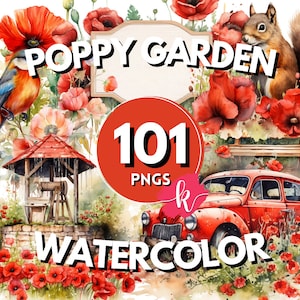 Mohnblumen Garten Aquarell Clipart Bundle, Mohnblumen Bilder, Blumengarten, Blumen Mohn Grafiken, Sofort Download, Kostenlose kommerzielle Nutzung