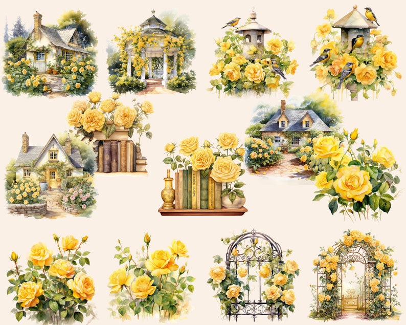 Yellow Rose Garden Watercolor Clipart, Yellow Rose Garden PNG, Yellow