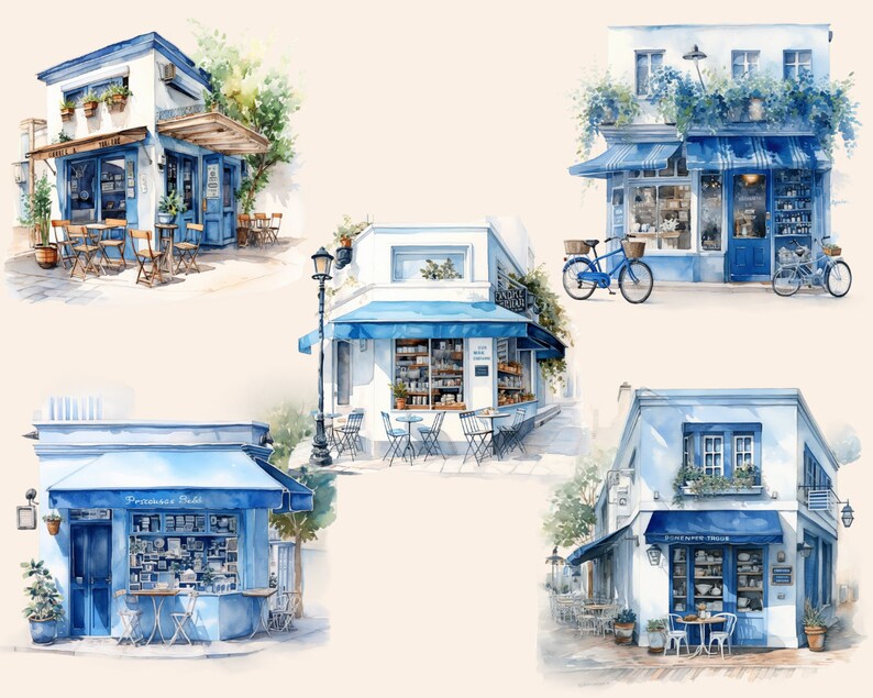 Blue Coffee Shop Watercolor Clipart, Cafe Clip Art, Digital Art ...