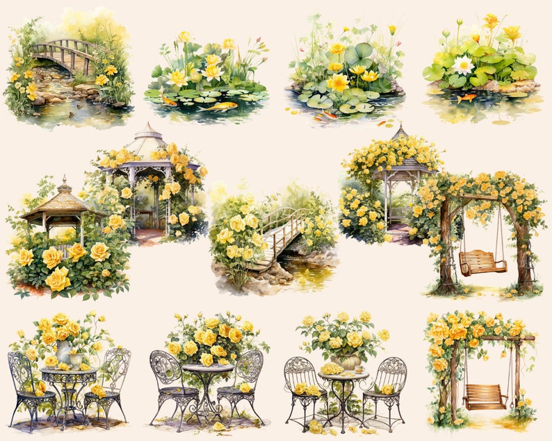 Yellow Rose Garden Watercolor Clipart, Yellow Rose Garden PNG, Yellow