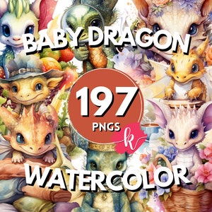 Baby Dragons Watercolor Clipart Bundle, Magical Fairytale Illustrations, Cute Storybook, PNG, Instant Digital Download, Free Commercial Use
