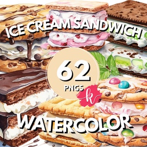 Ice Cream Sandwich Watercolor Clipart Bundle, Sweet Clipart, Dessert Clipart, Sugar Sweet Treats, Instant Digital Download, Commercial Use