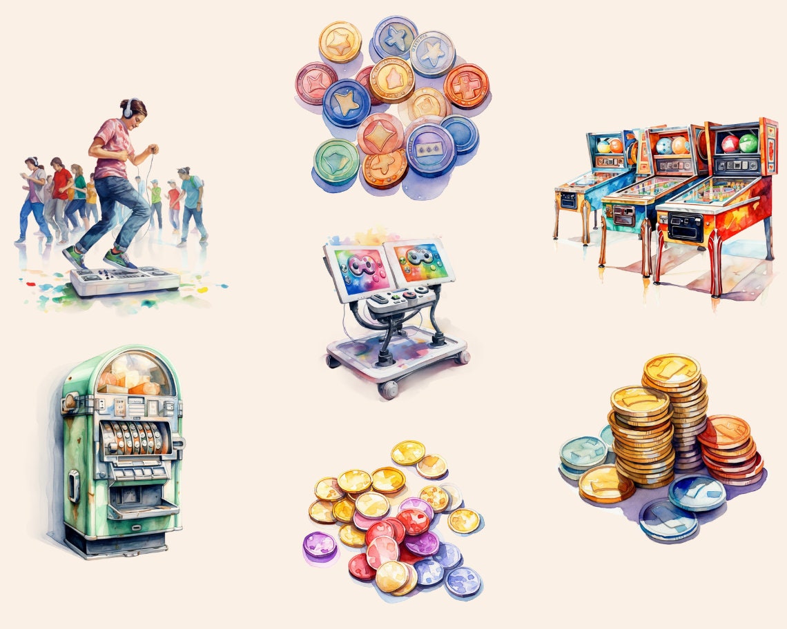 Arcade Game Watercolor Clipart Bundle Retro Arcade Machine - Etsy