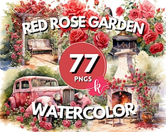 Red Rose Garden Watercolor Clipart, Flower Garden, Floral Clipart, Gardening Clipart, Rose Clipart, Instant Download, Free Commercial Use