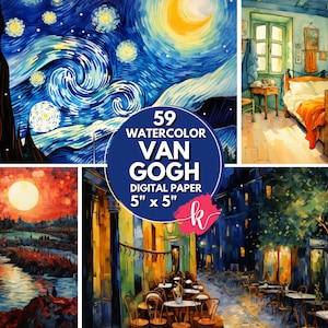 Van Gogh pittura acquerello carta digitale, arte digitale, clipart lunare, carta notturna, notte stellata, carta digitale, uso commerciale gratuito