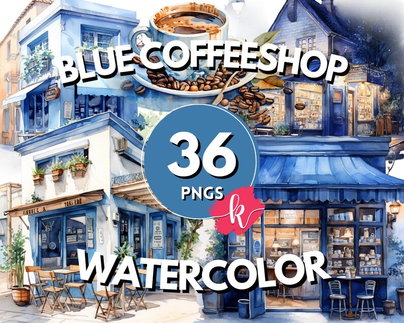 Blue Coffee Shop Watercolor Clipart, Cafe Clip Art, Digital Art ...