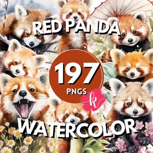 Roter Panda Aquarell Clipart, roter Panda png, Tier In Blumen png, romantische Clipart, Panda Clipart, Tier Clipart, kostenlose kommerzielle Nutzung