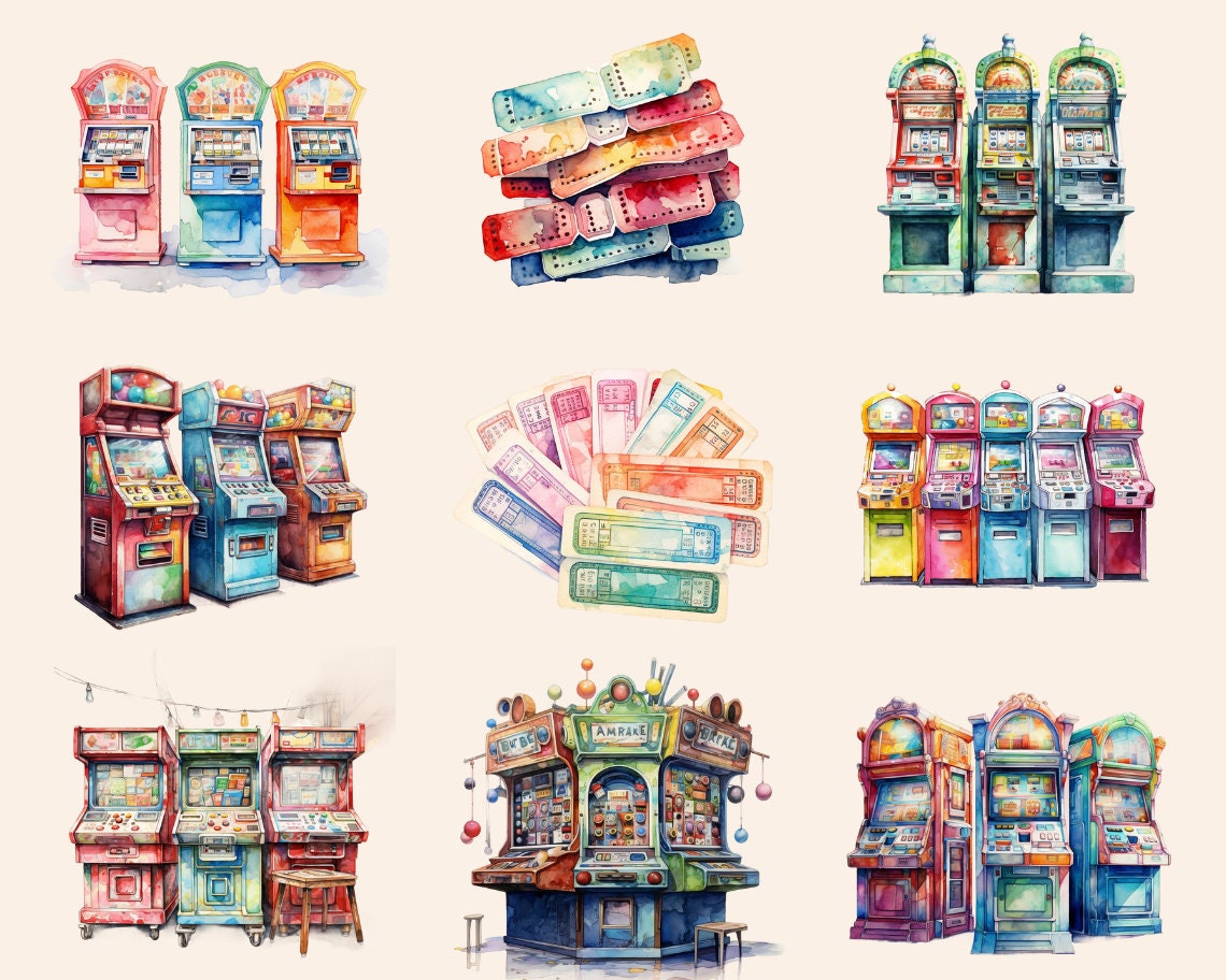 Arcade Game Watercolor Clipart Bundle, Retro Arcade Machine, Gaming ...