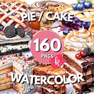 Pie Cake Watercolor Clipart, Bakery Wedding Cake Clipart, Food Clipart Pumpkin Lemon Blueberry Strawberry Chocolate Custard Pie Illustration