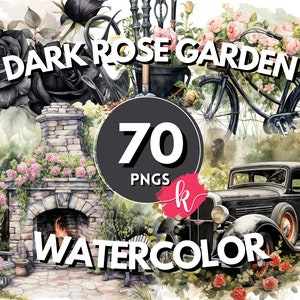 Dark Rose Garden aquarel clipart, Dark Rose Garden PNG, Dark Garden clipart, Black Rose, Dark Rose PNG, Instant Download, commercieel gebruik