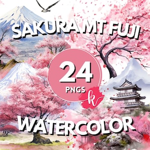 Sakura Baum Aquarell Clipart, Sakura Baum, digitaler Download, rosa Baum, Berg Clipart, Berg Fuji, Kirschbaum, Wald Clipart