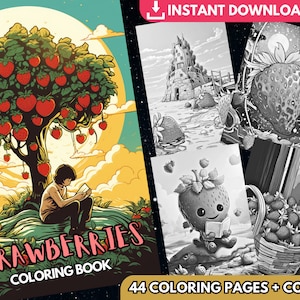Sweet Strawberry Serenade, 44 Exquisite Coloring Pages for All Ages, Coloring Book, Instant Download, Grayscale and Printable PDF Included