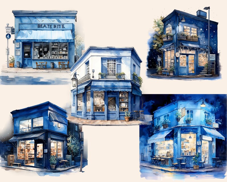 Blue Coffee Shop Watercolor Clipart, Cafe Clip Art, Digital Art ...