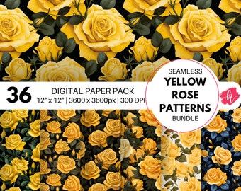 Yellow Rose Seamless Pattern, Yellow Digital Paper, Floral PNG, Wedding Invitation, Repeating Background, Scrapbooking Paper, Stationery
