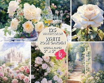 White Rose Garden Digital Paper, Rose Clipart, Watercolor Scrapbook Paper, Commercial Use, Junk Journal, White Clipart, Instant Download