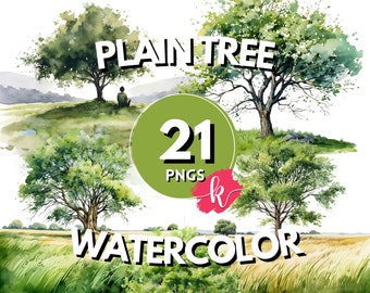 Plain Tree Watercolor Clipart, Beautiful Trees, Landscape Clipart, Forest Clipart PNG, Tree Clipart, Instant Download, Summer Greenery