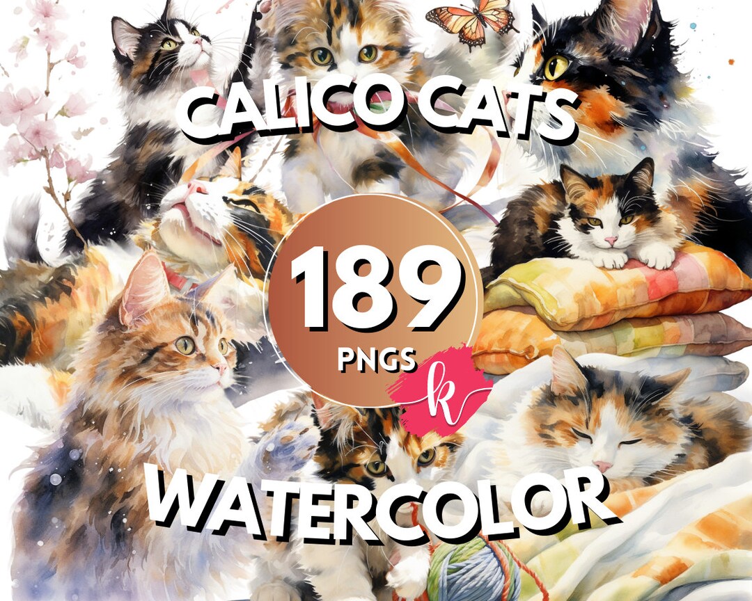 Calico Cats Watercolor Clipart Bundle, Cute Cat Images, Adorable Kitten ...