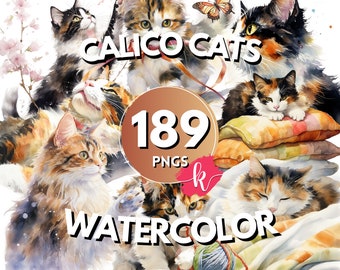 Calico Cats Watercolor Clipart Bundle, Cute Cat Images, Adorable Kitten Feline Graphics, Instant Digital Download, Free Commercial Use