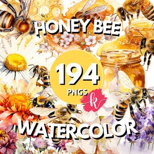 Honey Bee Watercolor Clipart, Spring Garden Bee, Honey Drips Clip Art PNG, Graphics, Adorable Springtime, Instant Download, Commercial Use