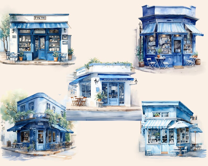 Blue Coffee Shop Watercolor Clipart, Cafe Clip Art, Digital Art ...