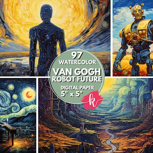 Van Gogh Robot Future, Digital Painting, Digital Paper, Digital Art, Moon Art, Vincent van Gogh, Starry Night, Digital Paper, Commercial Use