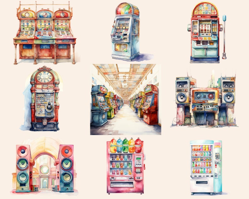 Arcade Game Watercolor Clipart Bundle, Retro Arcade Machine, Gaming ...