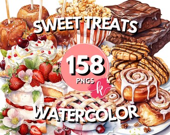 Sweet Treats Watercolor Clipart Bundle, Sweet Desserts, Cupcakes, Cookies, Macarons, Donuts, PNG, Instant Digital Download, Commercial Use