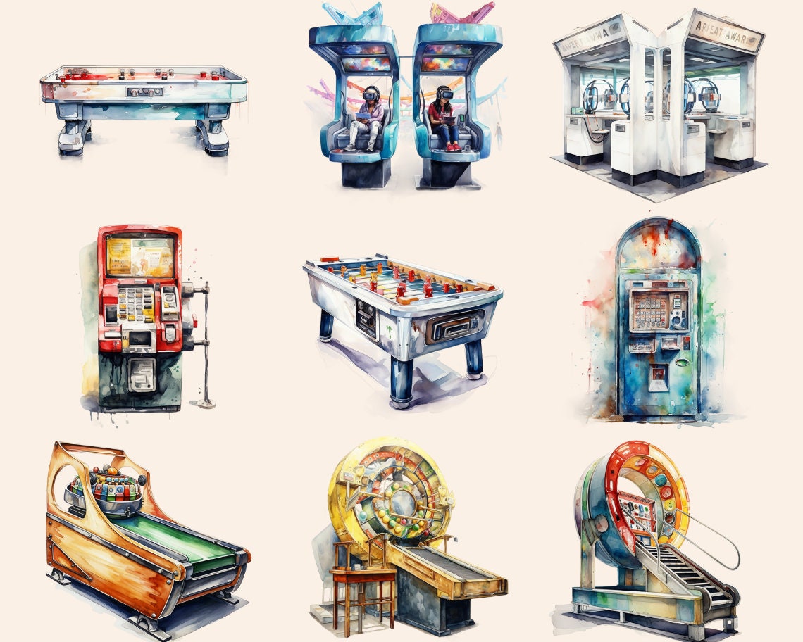 Arcade Game Watercolor Clipart Bundle, Retro Arcade Machine, Gaming ...