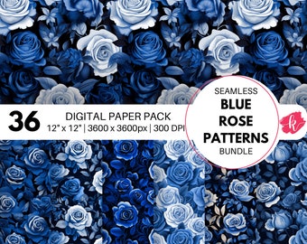 Blue Rose Seamless Pattern, Blue Digital Paper, Floral PNG, Wedding Invitation, Repeating Background, Scrapbooking Paper, Stationery