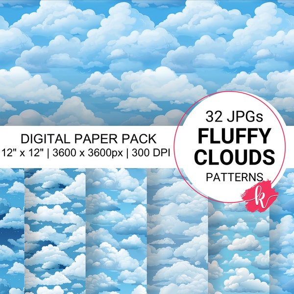 Fluffy Clouds Seamless Pattern, Digital Paper, Sky Pattern, Moon Clipart, Blue Nursery Paper, Watercolor Digital Paper, Free Commercial Use