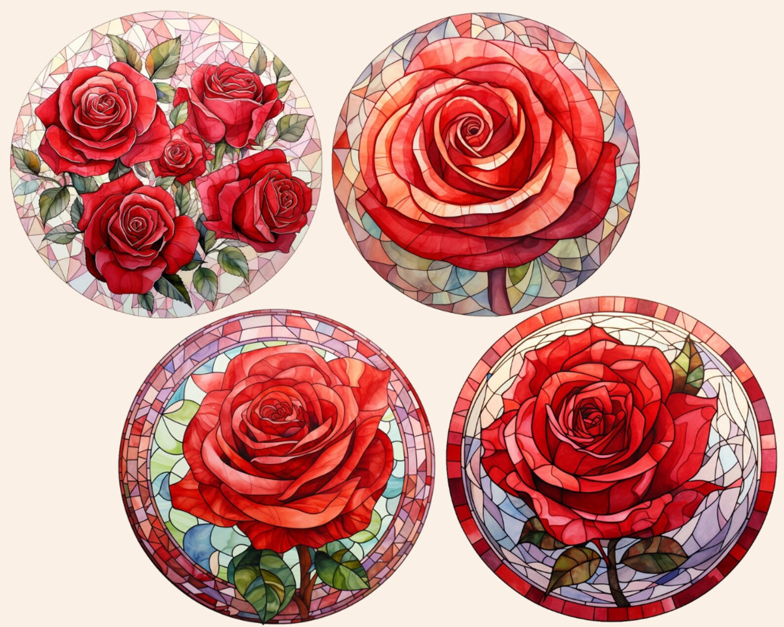 Red Rose Mosaic Clipart, Watercolor Mosaic Rose Clipart, Digital ...