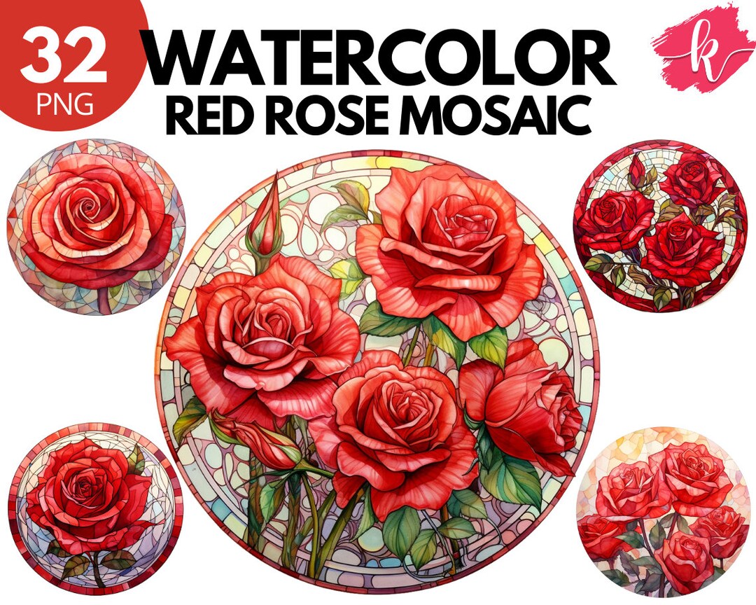 Red Rose Mosaic Clipart Watercolor Mosaic Rose - Etsy