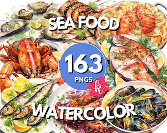 Seafood Watercolor Clipart, Shrimp, Cuttlefish, Mussel, Oyster, Octopus, Salmon Prawn, Lobster, Mackerel Food Clipart, Sea Clipart Food