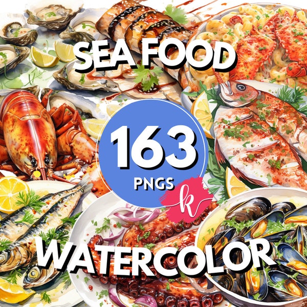 Seafood Watercolor Clipart, Shrimp, Cuttlefish, Mussel, Oyster, Octopus, Salmon Prawn, Lobster, Mackerel Food Clipart, Sea Clipart Food