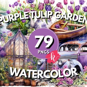 Paarse Tulip Garden aquarel clipart, Tulip Flower, bloementuin, bloemen clipart, tuinieren clipart, Instant Download, voor commercieel gebruik