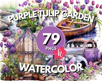 Purple Tulip Garden Watercolor Clipart, Tulip Flower, Flower Garden, Floral Clipart, Gardening Clipart, Instant Download, For Commercial Use