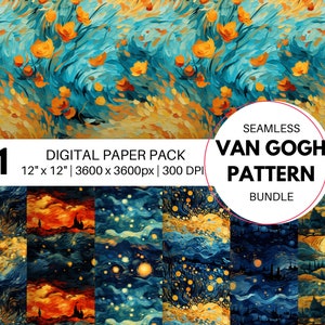 Papier numérique aquarelle de Van Gogh, motif sans couture, motif de ciel, art populaire, lune Clipart, papier de nuit, papier numérique utilisation commerciale gratuite