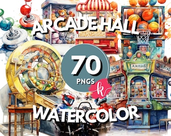 Arcade Game Watercolor Clipart Bundle, Retro Arcade Machine, Gaming Clipart, Vintage Arcadehall Clipart, Arcade Clipart, Free Commercial Use