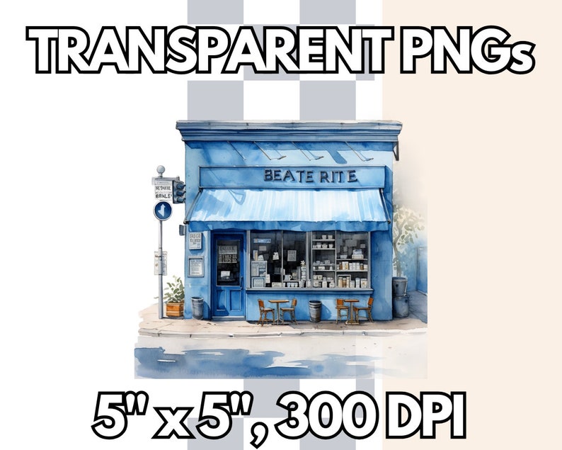 Blue Coffee Shop Watercolor Clipart, Cafe Clip Art, Digital Art ...