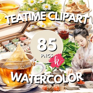 Pacchetto di clipart acquerello Tea Time, Incantevoli illustrazioni di Tea Time, Scarpbooking Art, PNG, Download digitale istantaneo, Uso commerciale gratuito