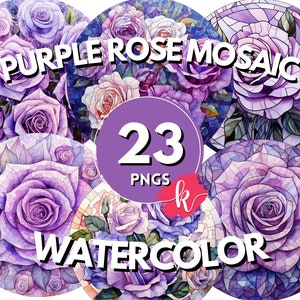 Purple Rose Mosaic Clipart, Watercolor Mosaic Rose Clipart,Digital Download, Scrapbooking Bundle, Printable Art,Floral Clipart,Rose Wall Art
