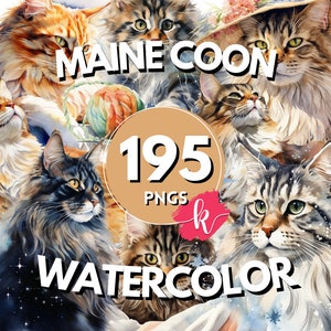 Bundle de cliparts aquarelle chat Maine coon, images de chat, graphiques mignons de chaton charmant, téléchargement numérique instantané, usage commercial gratuit, animal de compagnie PNG