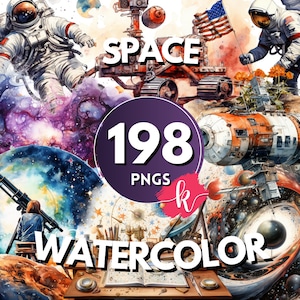 Weltraum Aquarell Clipart Bundle, Weltraum Astronaut Kinderzimmer Clipart, Astronaut Raumschiff, Rakete Clipart, Sterne und Mond PNG, Instant Download